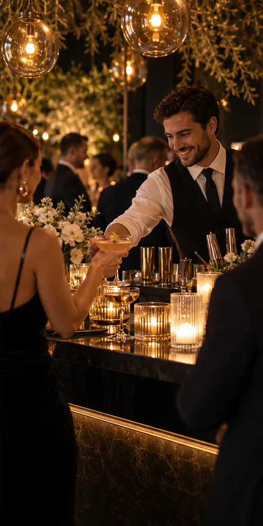 Bartender atendendo convidados em um evento corporativo