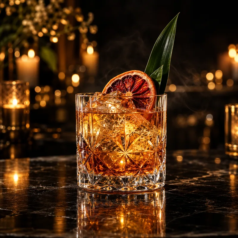 Drink âmbar em copo de cristal com laranja desidratada e folha verde