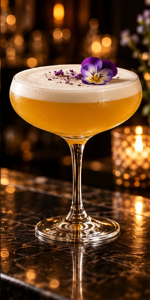 Coquetel dourado com espuma e flor comestível