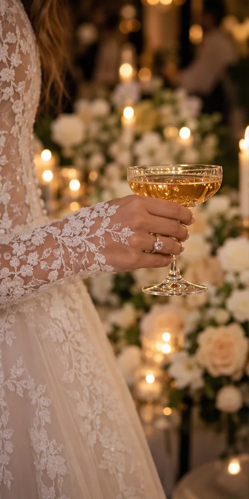 Brinde com taça de cristal e detalhes de uma celebração de casamento